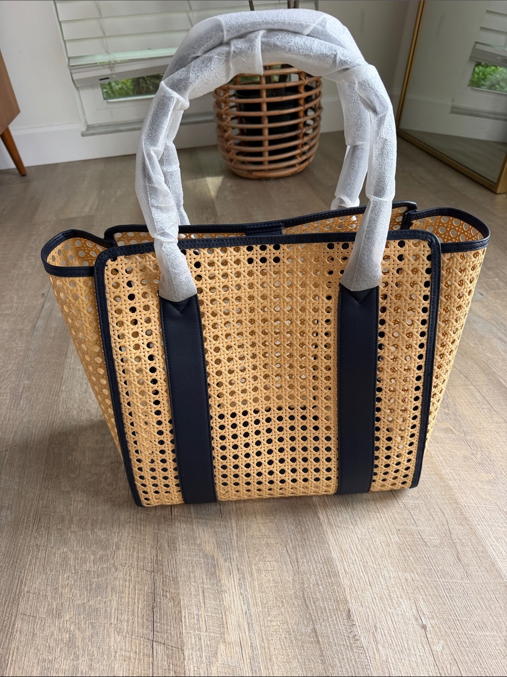 Mark & Graham Navy Trim Natural Woven Tote Bag - Picture 2 of 5